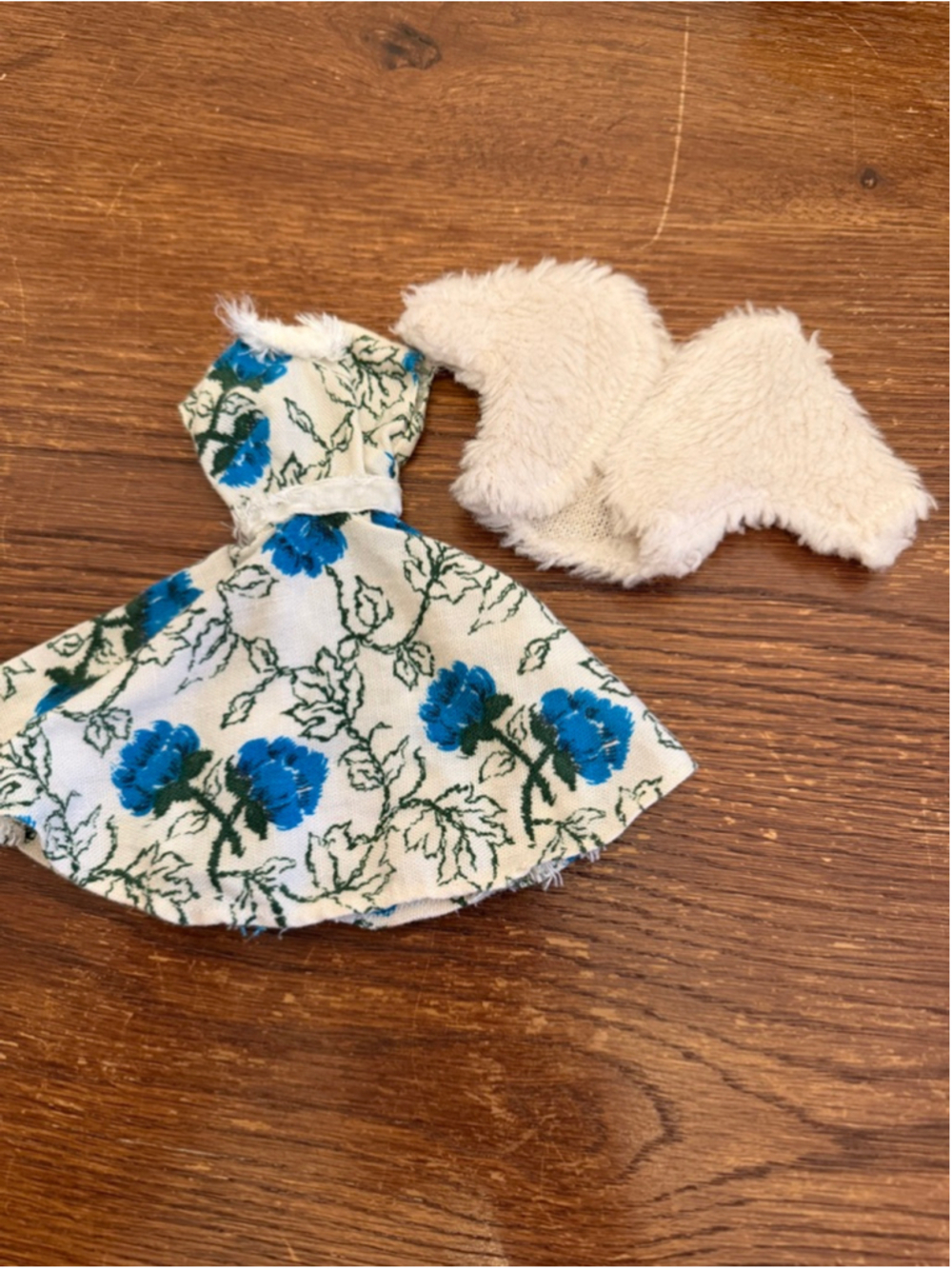 Vintage Barbie Clothes 1960s Blue Floral Dress White Fur Coat Outfit 1965 Era
